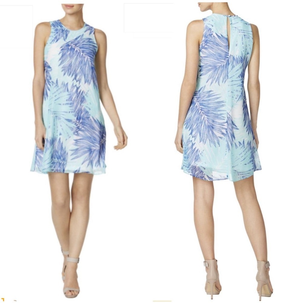 Calvin Klein Light Blue and Navy Palm-Print Sleeveless Midi Dress